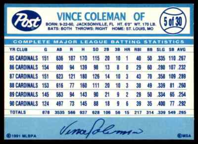 1991 POST COLLECTOR SERIES ODDBALL VINCE COLEMAN ST. LOUIS