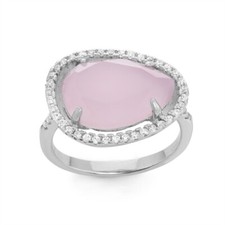 Sterling Silver Large Rose Quartz Teardrop with CZ Border Ring