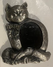 Vintage Pewter* Smiling Sitting Cat With Yarn Mini Picture Frame 3-1/2" Tall
