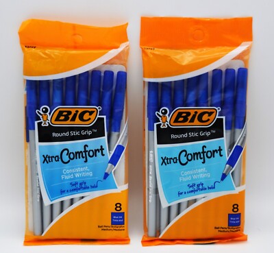 Two Packs Bic Xtra Comfort Round Stic Grip Medium Point Ball Pens Blue 8 Ct Each