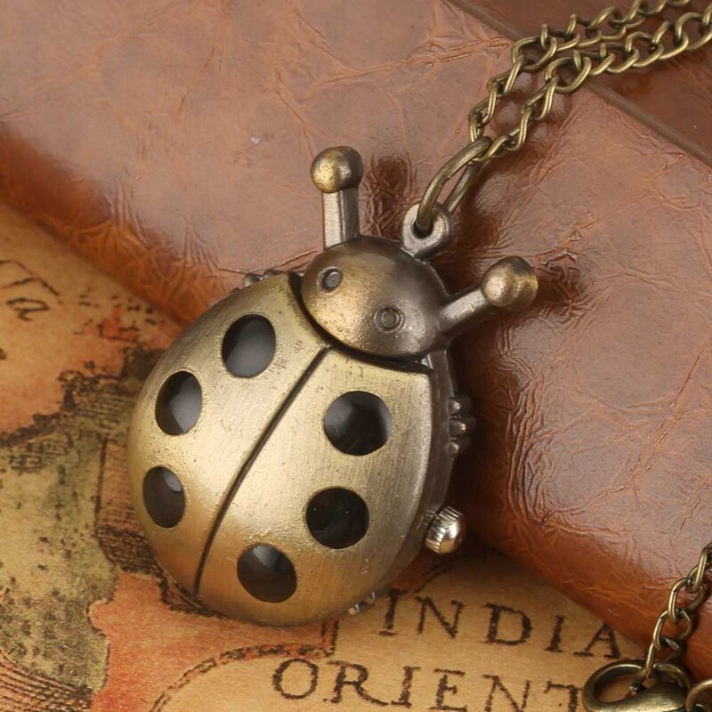 Bronze Ladybug Pattern Quartz Pocket Watch with Necklace Chain Watches Kid Gifts