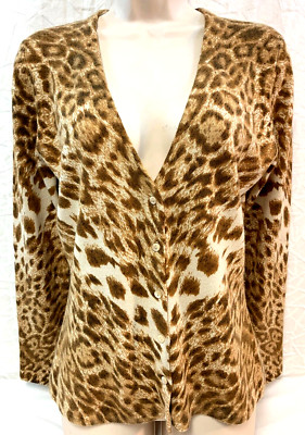 NEIMAN MARCUS Cashmere Brown Animal Print 6 Button Cardigan Sweater Size Medium