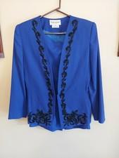Vintage John Meyer Of Norwich size 8 Blue Embellished Beaded wool Skirt Suit