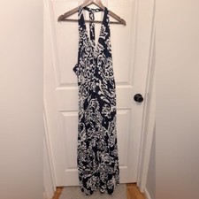 VINCE CAMUTO Women's Navy Blue & White Print T Strap Sleeveless Maxi Dress NEW