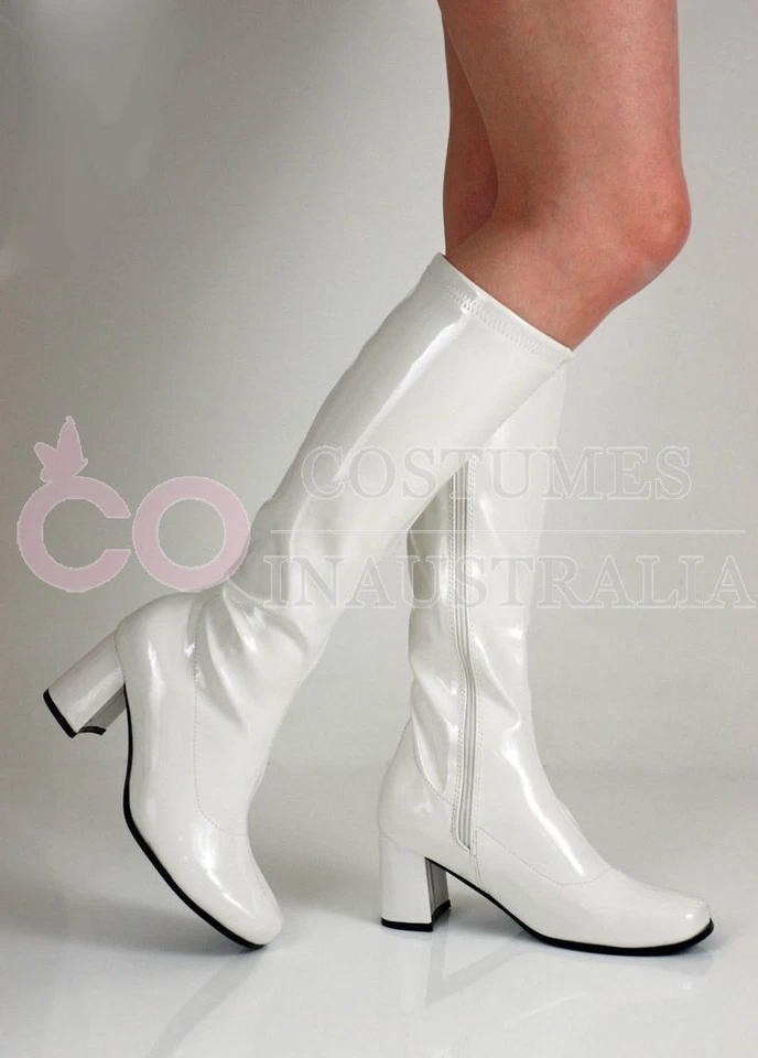 Botas Gogo brancas femininas Go altura do joelho hippie anos 60 anos 70 discoteca fantasia sapatos - Imagem 2 de 4