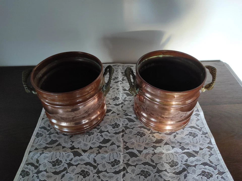 Lot de 2 cache-pots- têtes de faunes- cuivre ancien avec poignées en bronze - Photo 4/4