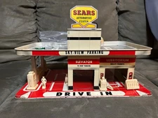 vintage sears tin automotive center gas station car garage parking lot !
