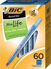 BIC Round Stic Xtra Life Ball Pen, Medium Point 1.0 mm , Blue, 60-Count