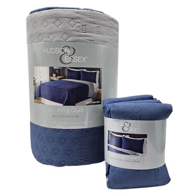 Hudson Essex 3pc Navy Gray Reversible One King Size Quilt And 2 Standard Shams