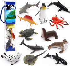 12 Pcs Animal Sea Figures Ocean Toy for Kids: Sharks, Whales & Octopus-Sea Anima