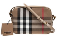 NEW BURBERRY SIGNATURE CHECK CANVAS BEIGE LEATHER CAMERA BAG CROSSBODY