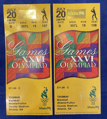 1996 Atlanta Summer Olympics Ticket Stubs 7/20/96 Men's Baseball Set of 2