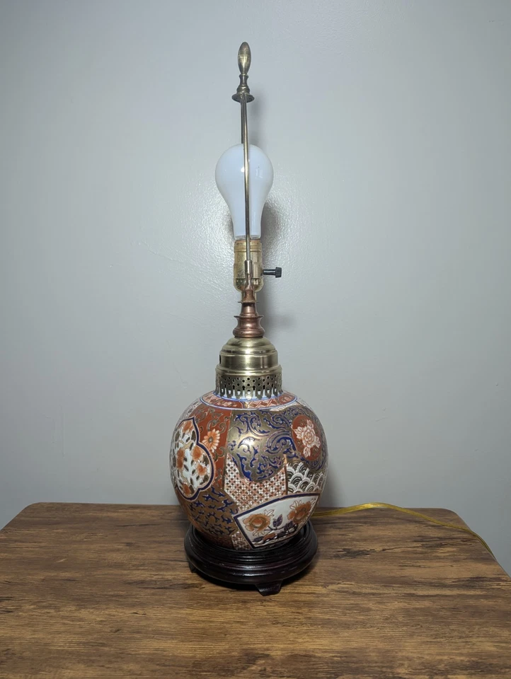Retro Imari-style porcelain ginger jar table lamp w/wooden base,Oriental style - Image 3 of 4