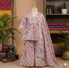 Cotton Embroidered Kathakali Design Kurti Sharara with Dupatta Set for Kids