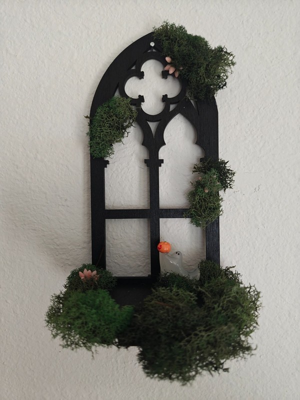 Gothic Cathedral Window Wood Shelf, Black Carved Moss and Ghost Cottagecore