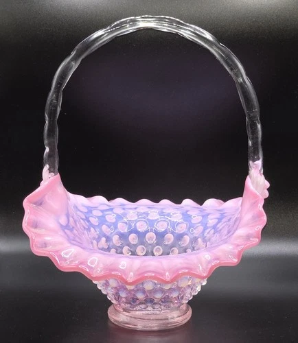 ~VINTAGE~"FENTON"~ART~GLASS~PINK~OPALESCENT~"HOBNAIL"~PATTERN~HANDLED~BASKET~NR~