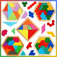 Wooden Tangram Puzzles for Kids Geometry Brain Teaser Educational Toy 5 Pack