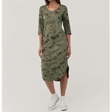 Pact Far Out Tie Dye Midi Dress Side Slit Scoop Neck 3/4 Sleeves Green Small