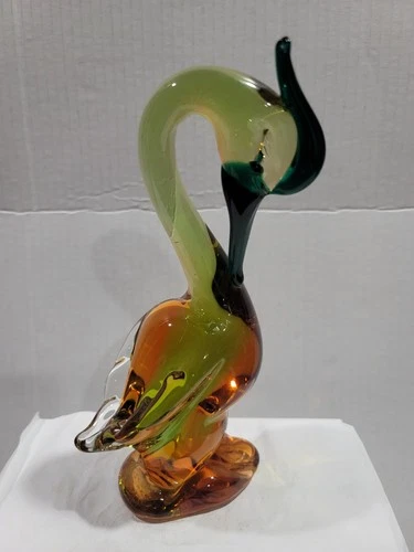 Vintage MCM Murano Italy Hand Made Venetian Glass 8" Swan Duck Amber , Green