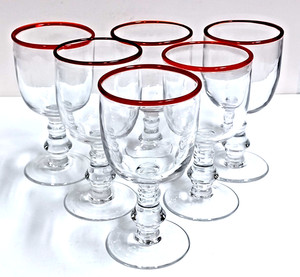 Red Rim Water Goblets 6.5" Ice Tea Drinking Glasses Set of 6