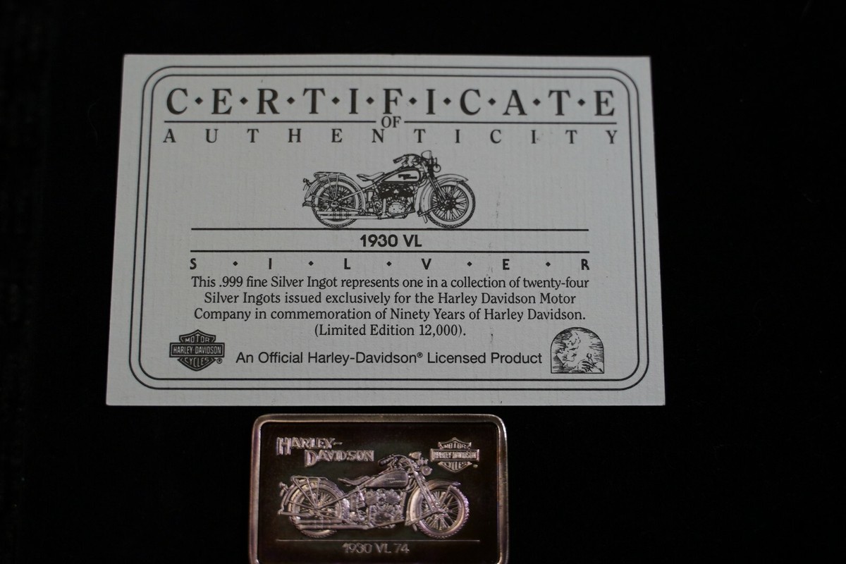 Harley-Davidson 1930 VL 74 1.4 oz silver 999 bar 90th Anniversary