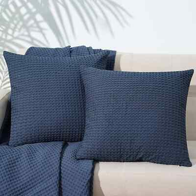 PHF 100% Baumwolle Waffelmuster Euro Kissen Reißverschluss Hüllen Bezüge Bett Sofa 26x26 Blau