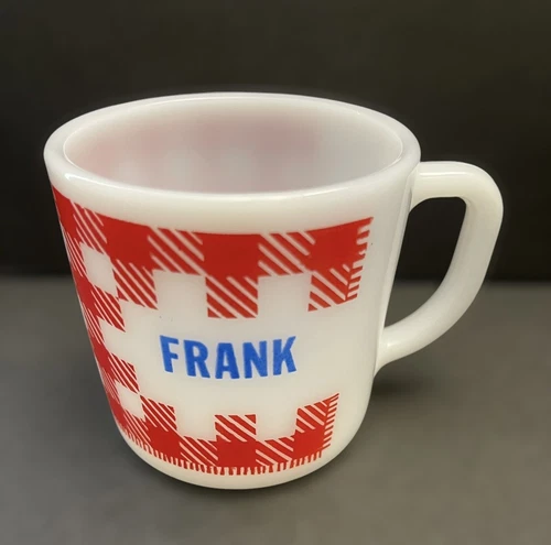 Vtg FRANK Federal Milk Glass Heat Proof Coffee Mug Red & White Gingham Plaid