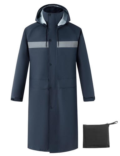 Men Black Waterproof Raincoat Long Rain Jacket Outdoor Trench Jacket Hooded - Picture 3 of 37