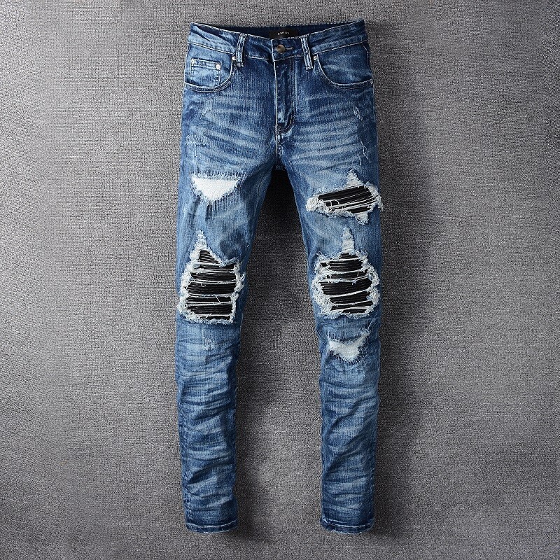 Men’s Ripped Pleated Slim fit PU Patch Jeans Stretch Distressed Blue Biker  Pants