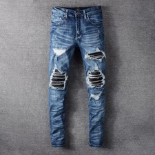 Men  s Ripped Pleated Slim fit PU Patch Jeans Stretch Distressed Blue Biker Pants