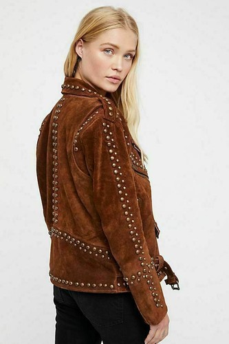 Chaqueta de cuero gamuza marrón estilo occidental para mujer puntas y tachuelas - cremallera - Imagen 3 de 6