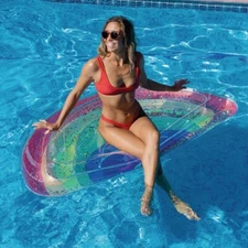 PoolCandy Ride-On 72 In. Glitter Rainbow Giant Half Island Inflatable Pool Float