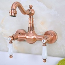 Antique Red Copper Bathroom Basin Sink Faucet Dual Handles Mixer Tap Wall Mount