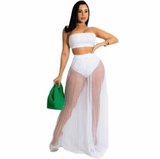 Stylish New Women Mesh See Through Pleated Wrap Solid Patchwork Club Dress 2pcs