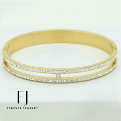 Women 6.5'' Stainless Steel,CZ Eternity 8mm Bangle Bracelet,Gold plated*Box