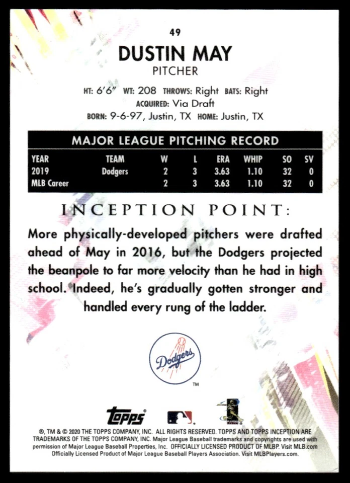 2020 Topps Inception Dustin May Rookie Los Angeles Dodgers #49 R43 - Image 2 of 2