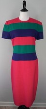 Vintage 80s Leslie Lucks Pink Green Purple Striped Sheath Long Dress Size 12