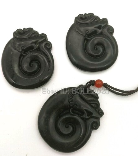 Natural Black Green Jade Carved Chinese Retro Dragon Lucky Pendant Rope Necklace - Picture 4 of 4
