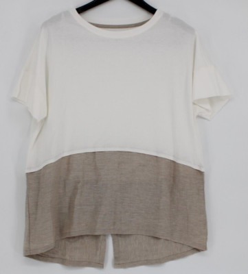 B New York Top Women's Size L White Multicolor Short Sleeve Slit Bottom Back