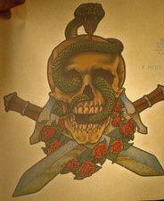 SKULL w/SWORDS  ROSES VINTAGE 1970's METAL IRON ON TRANSFER NICE B-17