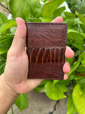Real Brown Ostrich Leg Leather Cardholder Mini Bifold Unisex Wallet Handmade