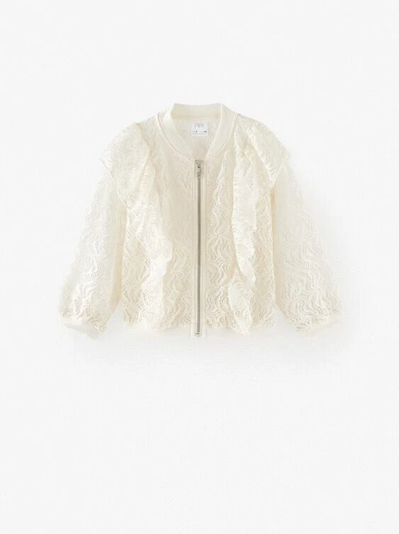 CHAQUETA BOMBER ZARA NIÑOS NIÑAS ENCAJE CRUDO CREMALLERA FRONTAL VOLANTES ENCAJE 0371/604 13-14 Foto 2 de 4
