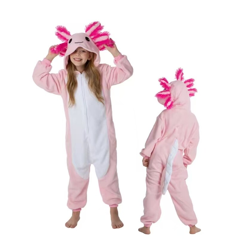 Kids Cartoon Axolotl Pajamas Boy Girls Animal Kigurumi Halloween Cosplay Costume