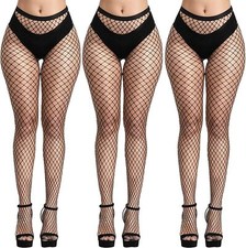 3 Pairs Women's Lace Fishnet Tights C Black High Waist Patterned Mesh Pantyhose