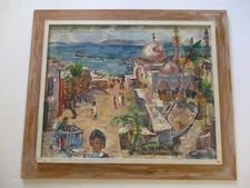 MID CENTURY OIL PAINTING IMPRESSIONIST VILLAGE VIEW ISRAEL 1950'S REGIONALISM