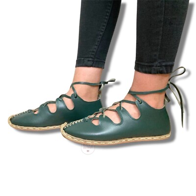 Women Ren Fair Green Leather Sandal Custom Handmade Renaissance Festival  Shoes