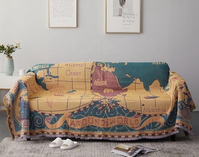 World Map Throw Blanket Wall Tapestry 3 Layers Cotton Woven Sofa Blanket 70x51 