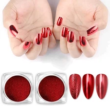 Red Chrome Nail Powder Set, 2 Jars Reflective Glitter Metallic ##-2 