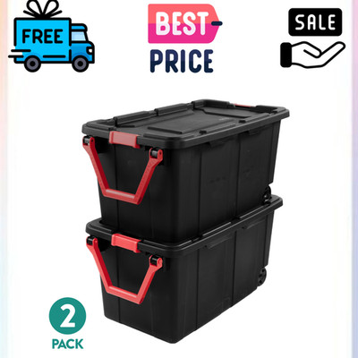 (2 Pack) Sterilite 40 Gal Wheeled Industrial Storage Tote Stackable Black Bin