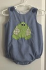 ZUCCINI-6M-Baby Boy Bubble Romper-Blue Mini-Check-Embroidered Turtle Front/Back — photo 3